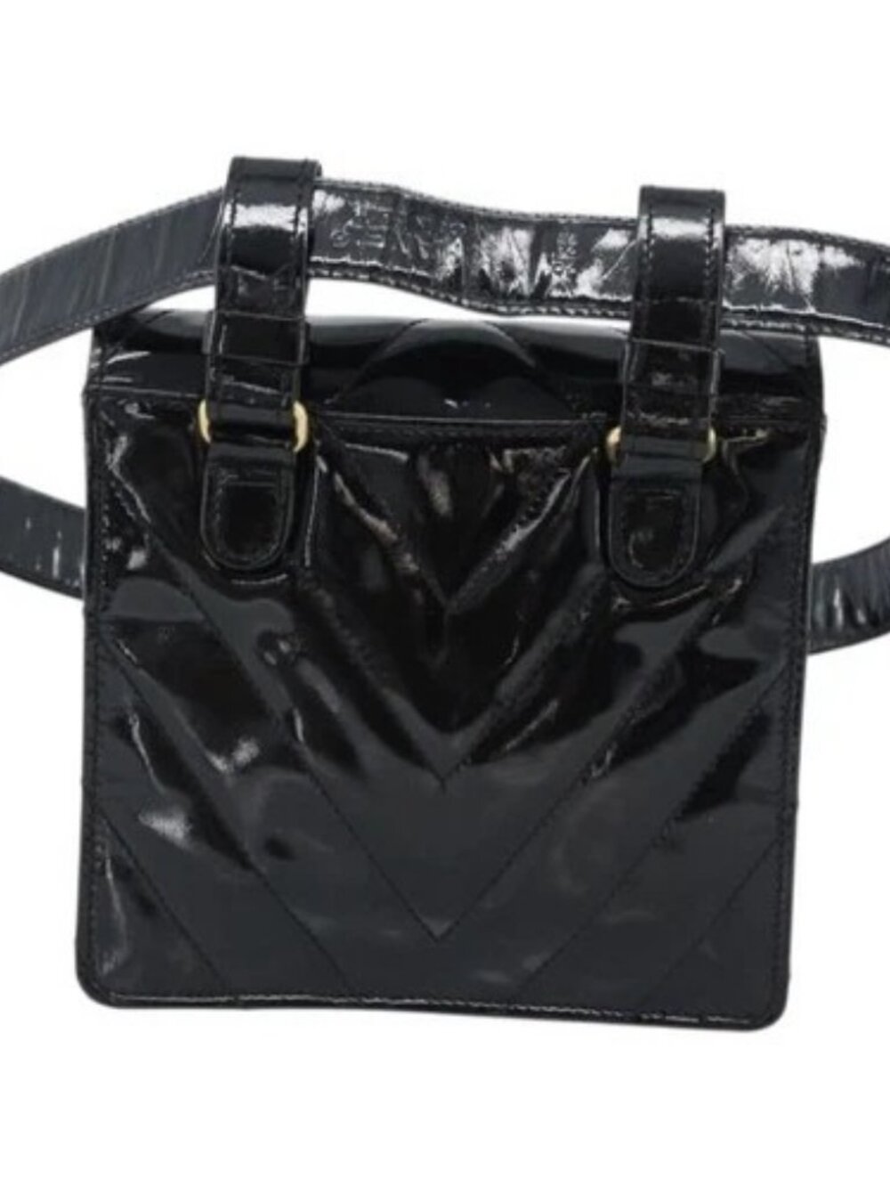 CHANEL V Stitch Waist bag Patent leather Black Gold CC Auth bs18829 - Picture 2 of 16